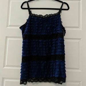 Blue Ruffle Chiffon Lace Tank